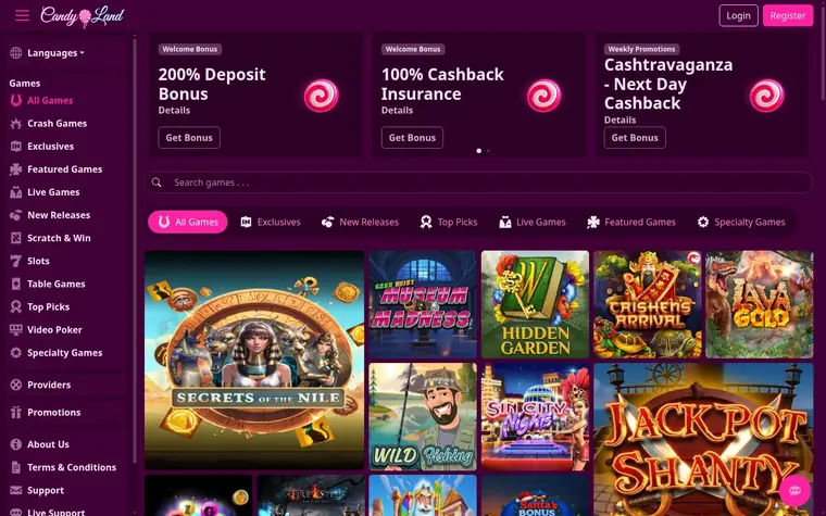 Candyland homepage on a dark purple background: the Candy Land logo at top left, Login and Register buttons, promotion cards, a games menu down the left, a search box, category tabs and slot game tiles
