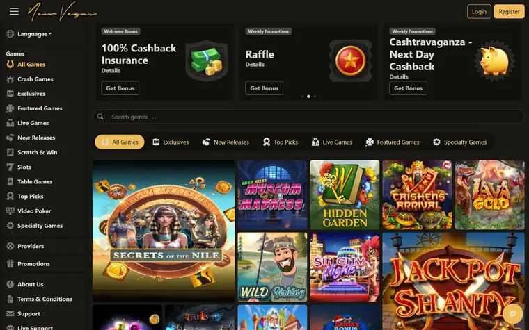 NewVegas games lobby on black with gold category tabs: a games menu down the left, a search box and slot game tiles