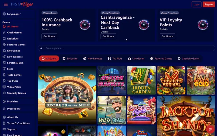 This is Vegas homepage on a navy background: the This is Vegas logo at top left, a games menu down the left, a search box, category tabs and slot game tiles